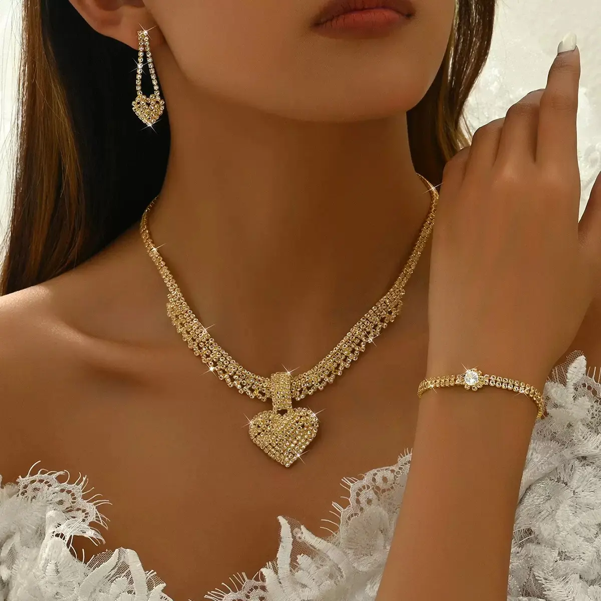 LisiZen 2-Piece Claw Chain Rhinestone Heart Choker Set, Exquisite Cross-Border Costume Jewelry with Necklace & Earrings, Evening Party Accessories DZXL4468
