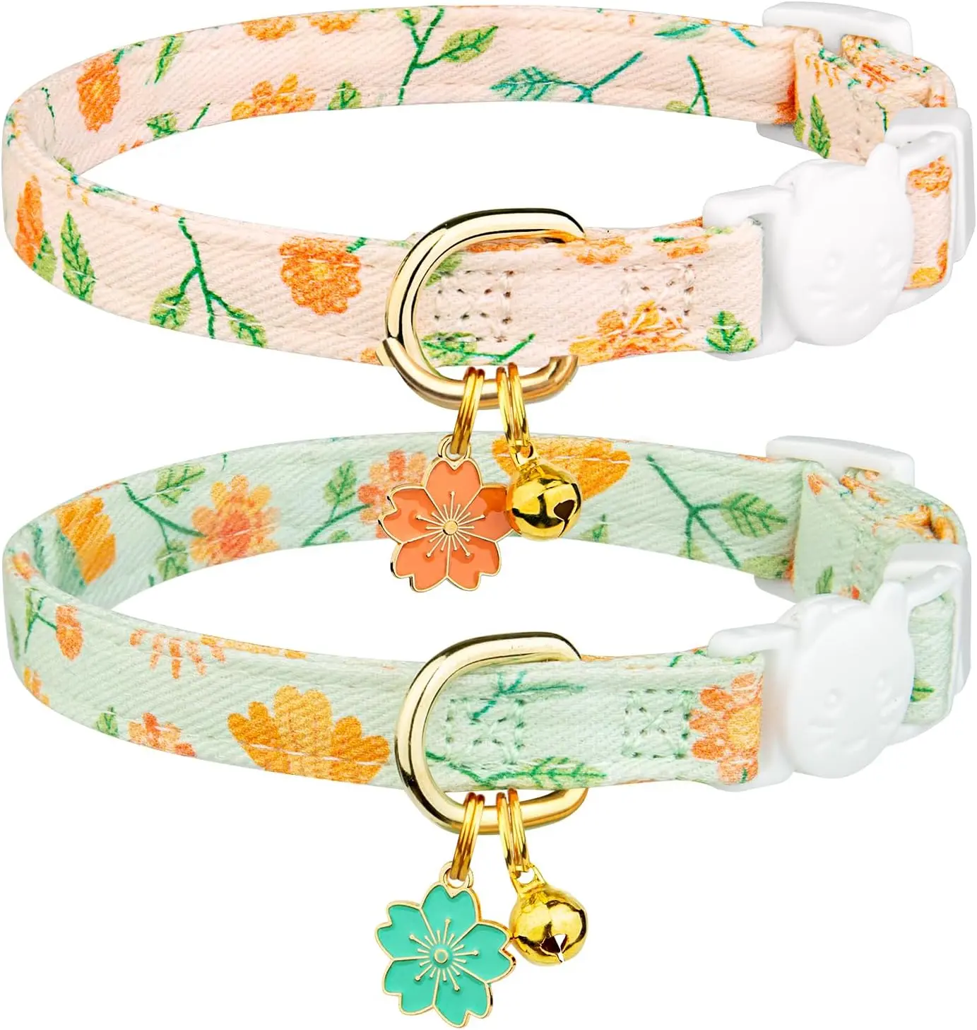 2-Pack Cotton Breakaway Cat Collars with Adjustable Strap, Pink Strawberry Heart Pendant, Bell, Universal Fit, Cute Safety Kitten Collars for Indoor & Outdoor Pet Camping Essentials