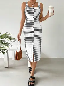 Women's Striped Button Front Sleeveless Dress, Casual Chic Fitted Style for Everyday Wear, Perfect Summer for Ladies