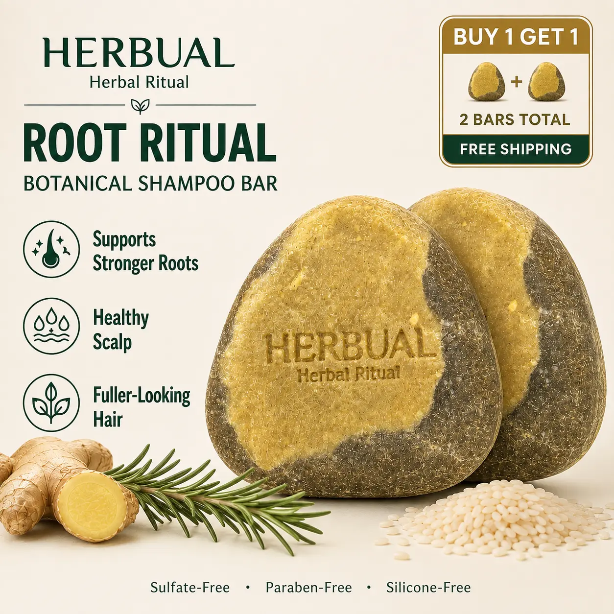 HERBUAL Root Ritual Botanical Shampoo Bar, BUY 1 GET 1 FREE, 2 Pack, Ginger Rosemary Rice Water, for Thinning, Weak & Breakage-Prone Hair, Scalp Care, Strengthening, Fuller-Looking Hair, Soft Smooth Volume, Botanical Hair Care for Men & Women, 90g x2