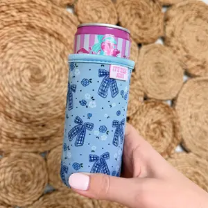 Slim Can Sleeve - Blue Gingham Bow