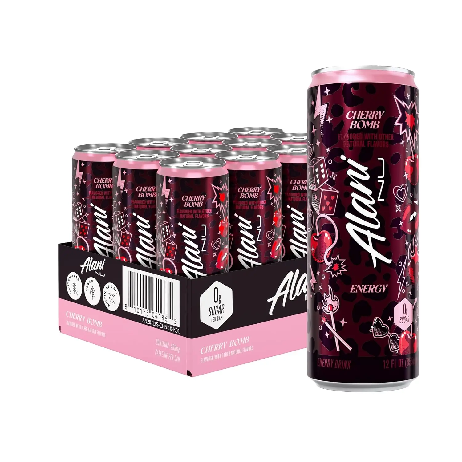 Alani Nu Cherry Bomb, Sugar Free, Low Calorie Energy Drinks, 200mg Caffeine (pack of 12)