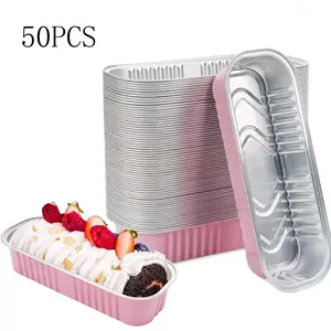 50pcs Thickened Baking Paper Boxes, High Temperature Aluminum Foil Cake Cups, Commercial Disposable Food Containers, Mini Bread Baking Pans, Baking Supplies