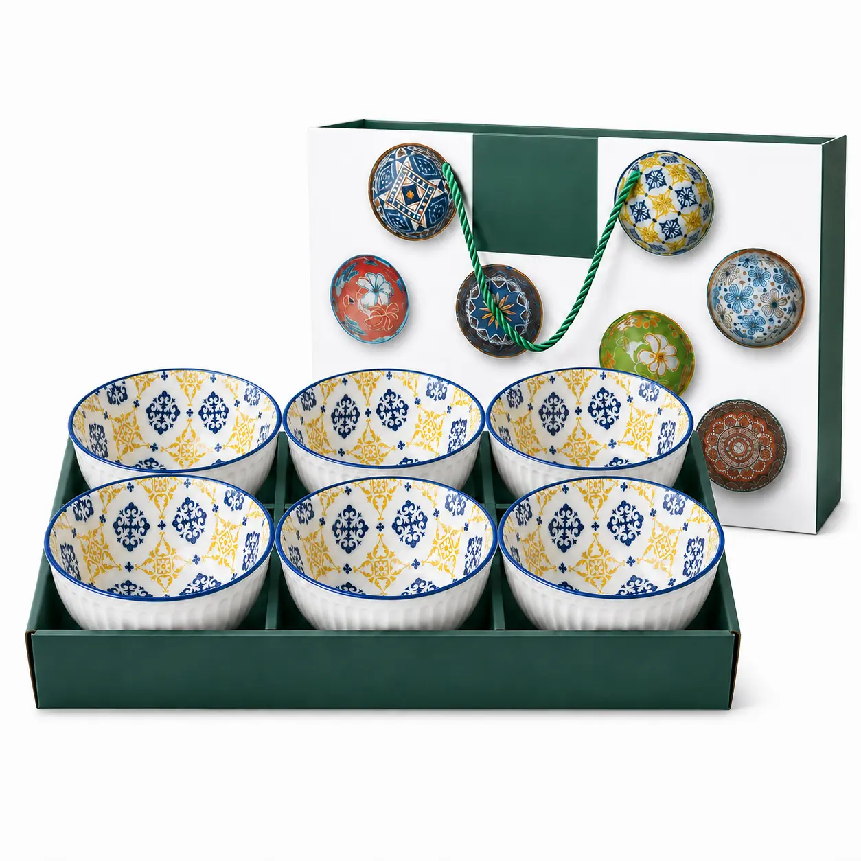 Blue Yellow Pattern Ceramic Bowls Set, Vintage Embossed Rice Soup Cereal Bowls, Glazed Kitchen Dinnerware for Home Dining