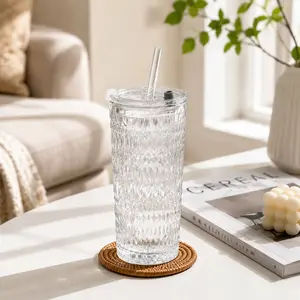 Sleek Glass Tumbler with Built-In Straw – 710ml Large Cup。glass tumbler, large capacity cup, reusable straw cup, premium drinkware, textured glass, hydration on-the-go, 710ml tumbler, eco-friendly cup, stylish beverage container, safe materials drinkware
