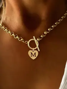 Initial Necklace Heart Pendant, Fashionable Unisex Ot Clasp, 26 Letters Unique Design, High-Quality Jewelry Gift