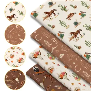 4-Piece Wild West Print Fabric Set - 18x22-inch (55x45 cm) pre-cut polyester fabric featuring horses, cacti, tropical plants, birds, flowers, and other Western-style elements - Ideal for DIY sewing, scrapbooking, tablecloths, and crafts