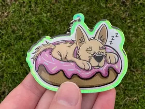 Sweet Dreams Keychain: Dog Sleeping in a Doughnut, Holographic Acrylic Puppy Charm