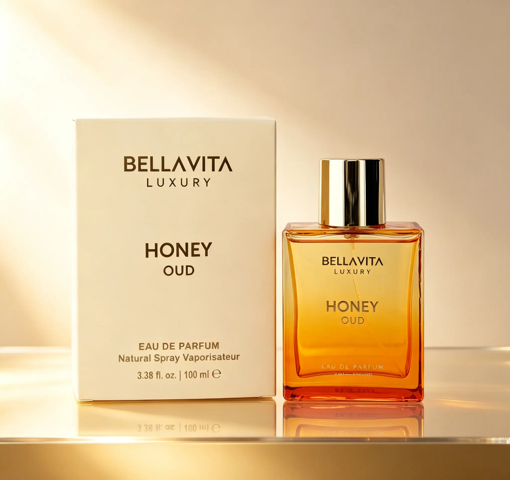 BellaVita Luxury Honey Oud EDP 100ml Unisex Fragrance, Clean Vegan Essential Oils, Cruelty Free, Rich Spicy Floral Scent with Bergamot Vanilla Patchouli, All Day Long Lasting Perfume
