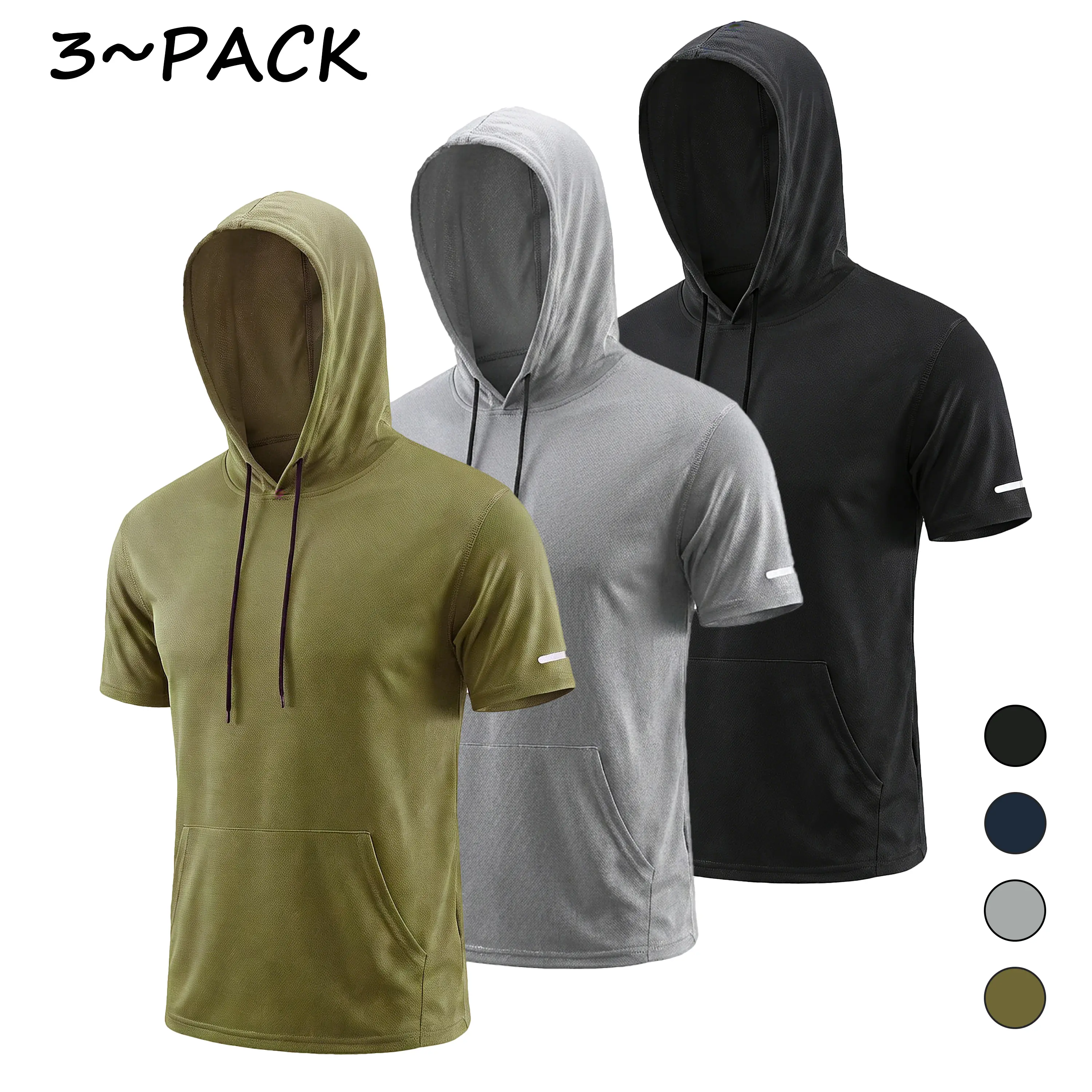 (Choose 1 Size Larger) Men's 3-Pack Gym Workout Tee - Breathable Mesh Men's Sports Hoodie, Moisture-Wicking Short-Sleeve, Quick-Dry Lightweight Pullover with Kangaroo Pocket, Drawstring, Oversizes for Big & Tall, Sports Activewear Set for Summer