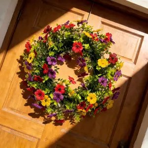 Bohemian Style Plastic Violet Viola Colorful Eucalyptus Artificial Fern Leaf Wreath, 13.78 Inches, Wall Hanging, Home Garden Decor, Plastic Faux Flowers