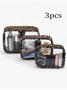 3 Piece Leopard Print Makeup Bags Set Small Medium Large Portable Waterproof TSA Approved Travel Toiletry Organizer Transparent Cosmetic Case Makeup Organizer Pouch Makeup Storage Bag with Zipper for School Trip Gift