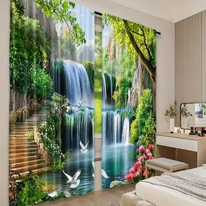 2D Flat, 2D Flat Printed 2-Piece Beautiful Forest Waterfall Scenery Curtains, Vivid Natural Curtains, Suitable for Bedroom, Bathroom, Living Room, Dining Room, Study, Office, Dimensions are 29.53X 65.35inch , 41.34X 90.55inch , 51.18X 82.68inch , 2D Flat