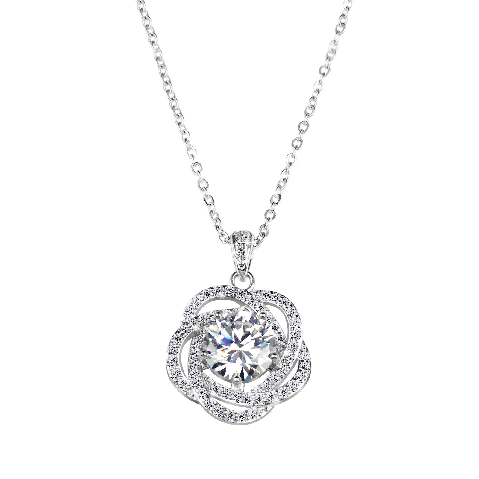 Rose-Shaped Bling Necklace, Rhodium-Plated Chain with Sparkling Rhinestones, Trendy Fashion Staple, Embellished Flower Design, Rhinestone Crystal Accents, Rose Heart Detail, Bloom Style, Embellished Flower Necklaces, Flower Rhinestone Necklaces