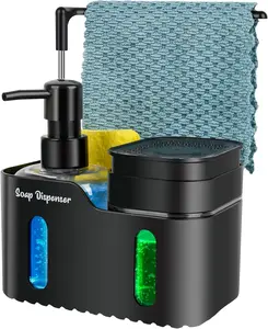 Hand Soap and Dish Soap Dispenser Set for Kitchen, Dual Soap Dispenser with Sponge Holder and Dishcloth Holder 4-in-1 Organizer for Kitchen Sink Countertop, Useful Kitchen Gadgets (Black)