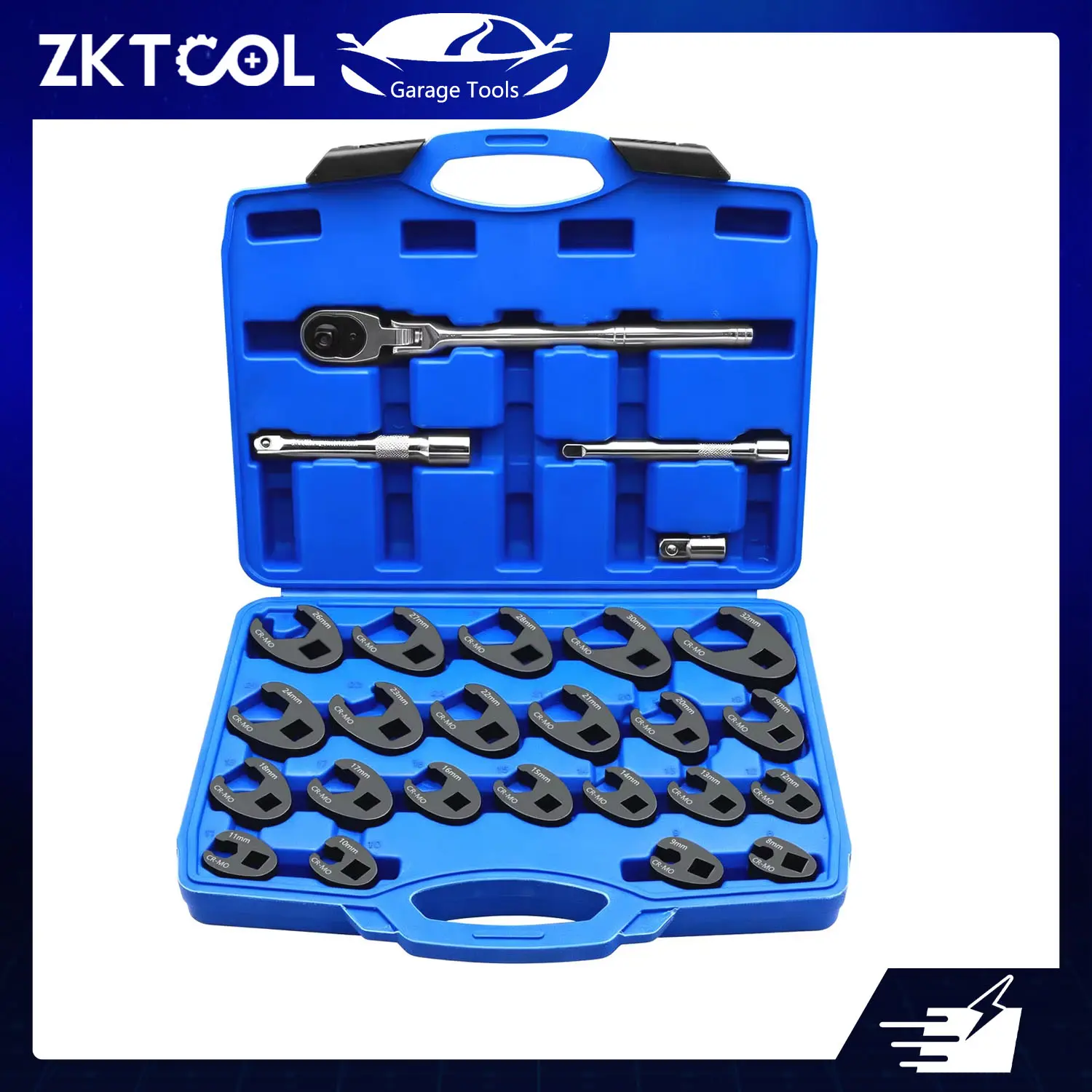 26pcs Crowfoot Flare Nut Wrench Set with Ratchet 3/8" Drive 8-32mm Metric Cr-Mo for Brake Fuel AC Line Automotive Repair