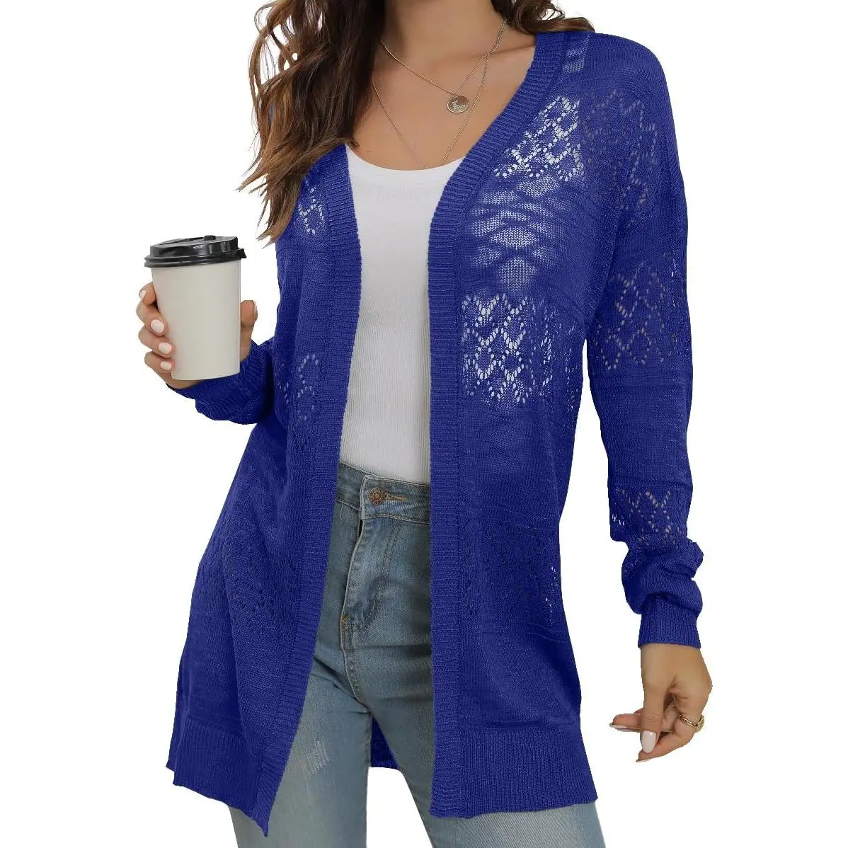 GRECERELLE Women's Lightweight Crochet Long Sleeve Loose Casual Open Front Cardigan Drape Sweaters Boho Summer Beach Coverups