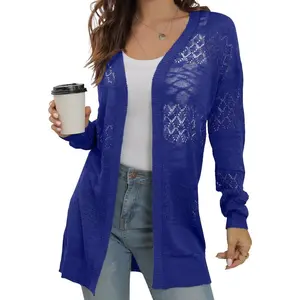 GRECERELLE Women's Lightweight Crochet Long Sleeve Loose Casual Open Front Cardigan Drape Sweaters Boho Summer Beach Coverups