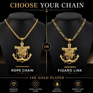 14K Gold Plated Eagle Anchor Pendant 1.77" Rope Torch/Figaro Link Chain 20-Inch/6mm Rope 24" 4mm Width Fashion Sailor Nautical Piece High Shine Look High End Necklace