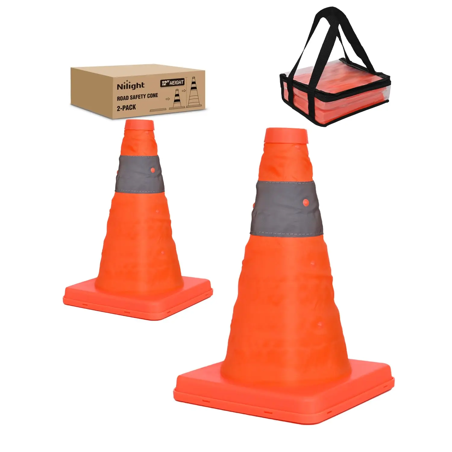 Nilight 12in Collapsible Safety Cones (2-Pack) - Bright Orange Waterproof Oxford Fabric Safety Gear, High Visibility Lightweight Construction Gear with Reflective Collars, Durable Build Protective Ready-Storage Emergency Equipment for Roadside, RV Camping