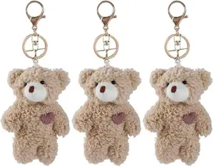 3 Pcs Brown Bear Pink Heart Plush Stuffed Keychain For Backpack, Plush, Backpack keychain, Soft Cotton Key Chain For DIY Keychain Crafts Stuffed Animals, Car Accessories