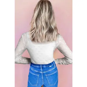 Sheer Mesh Bow Print Long Sleeve Top: White