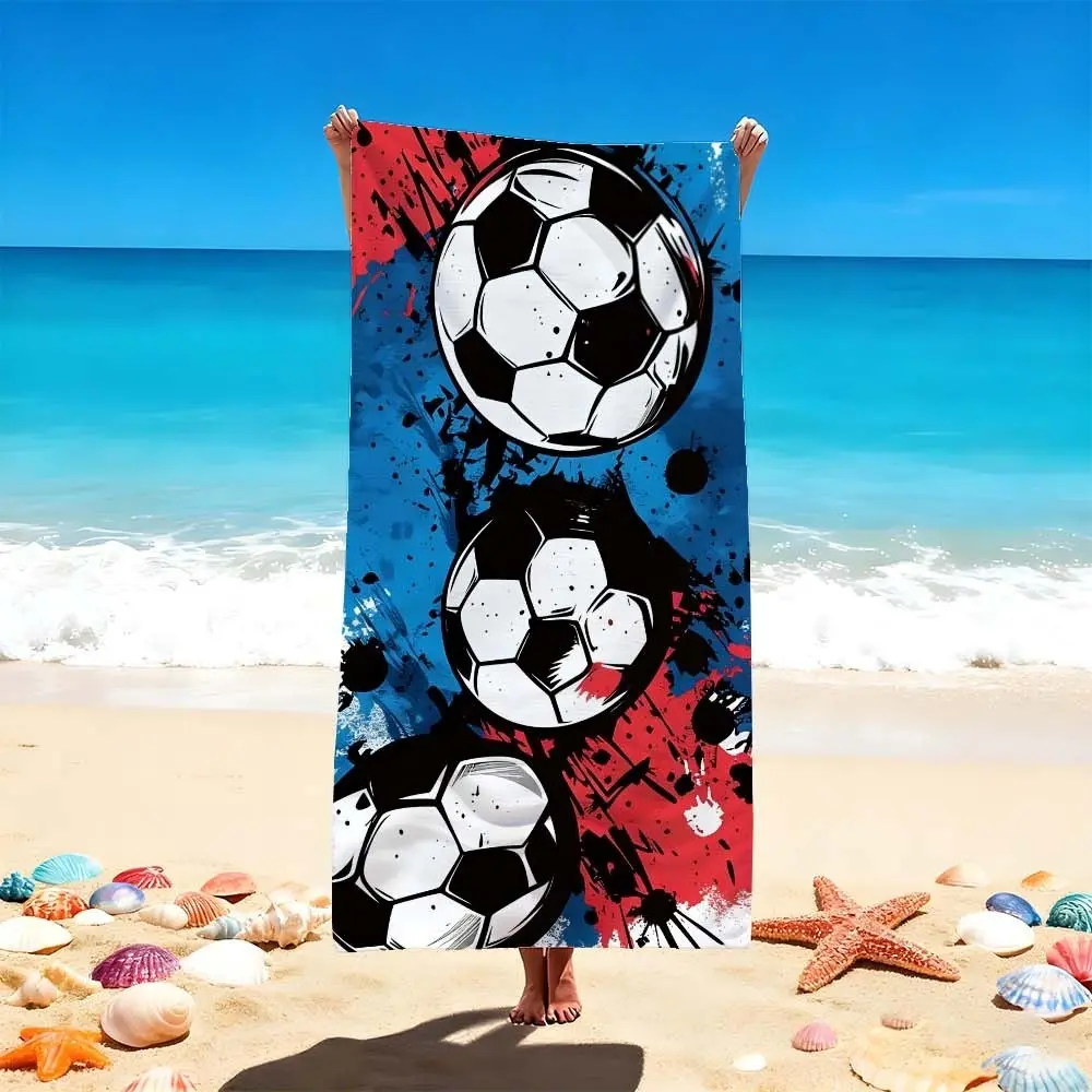 1 PC Sporty Soccer Print Beach Towels, Multifunctional Towel – Vibrant Red and Blue Style for Beach Fun Quick-drying, water-absorbent, lightweight, anti-sand-sticking, can be used as a travel towel, suitable for swimming pools, spas, leisure