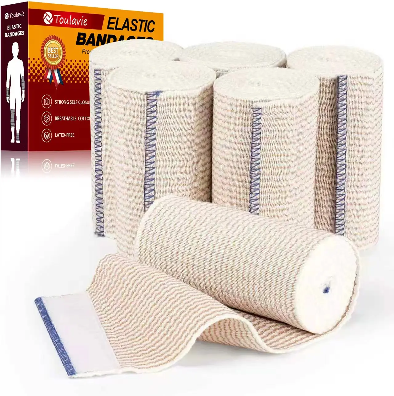 Premium 6-Pack 4-In Latex-Free Medical Bandage Wraps with Touch Closure, Compression Wraps for Legs, Ankle, Knee, First Aid Supplies