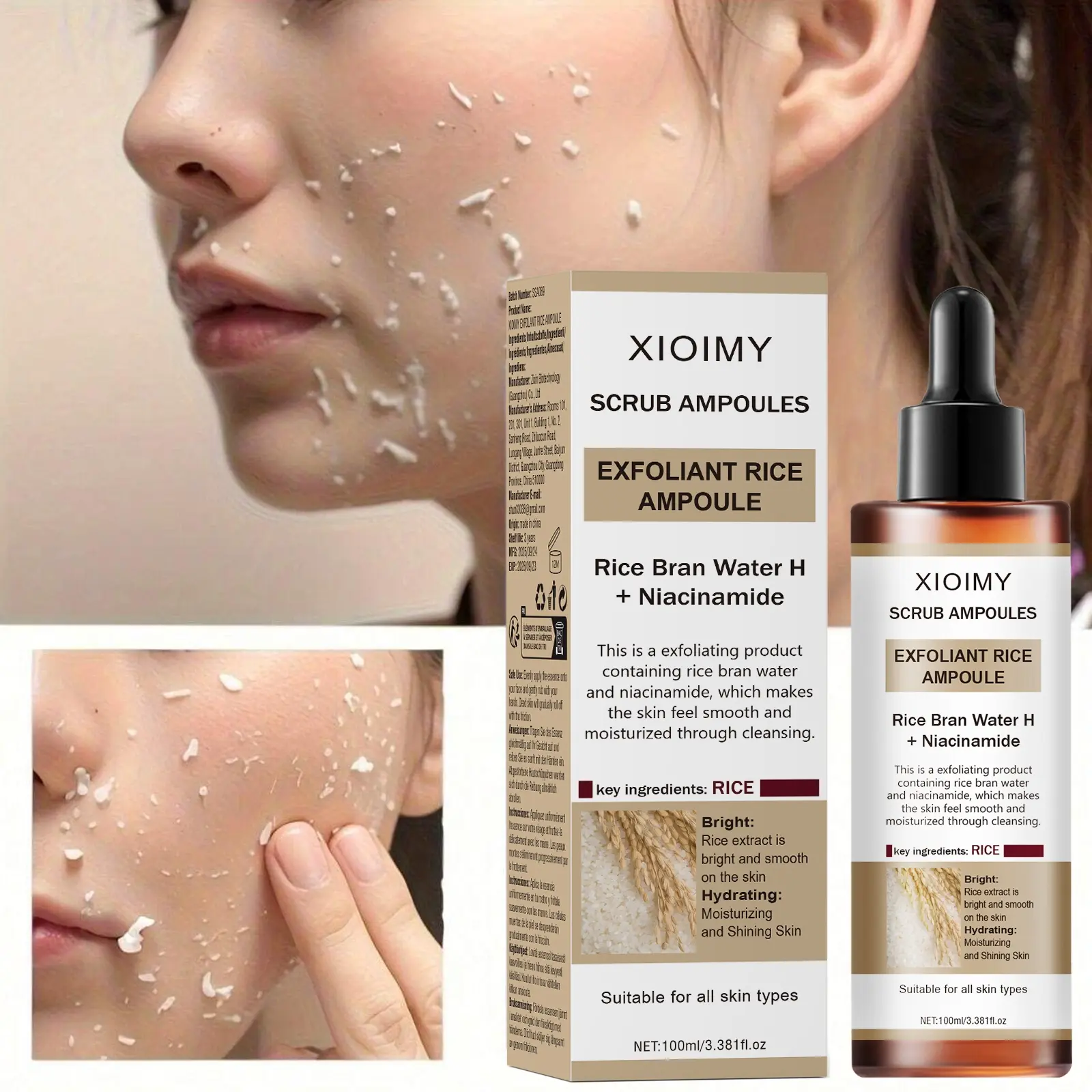 100ml Rice Face Exfoliating Gel, Mild Exfoliant, Face Exfoliator, Deep-Cleansing Gentle Non-Irritating Formula with Strong Hydration Moisturizing, Brightens Skin on Face, Neck, Arms & Body, Exfoliating Brightening Solution