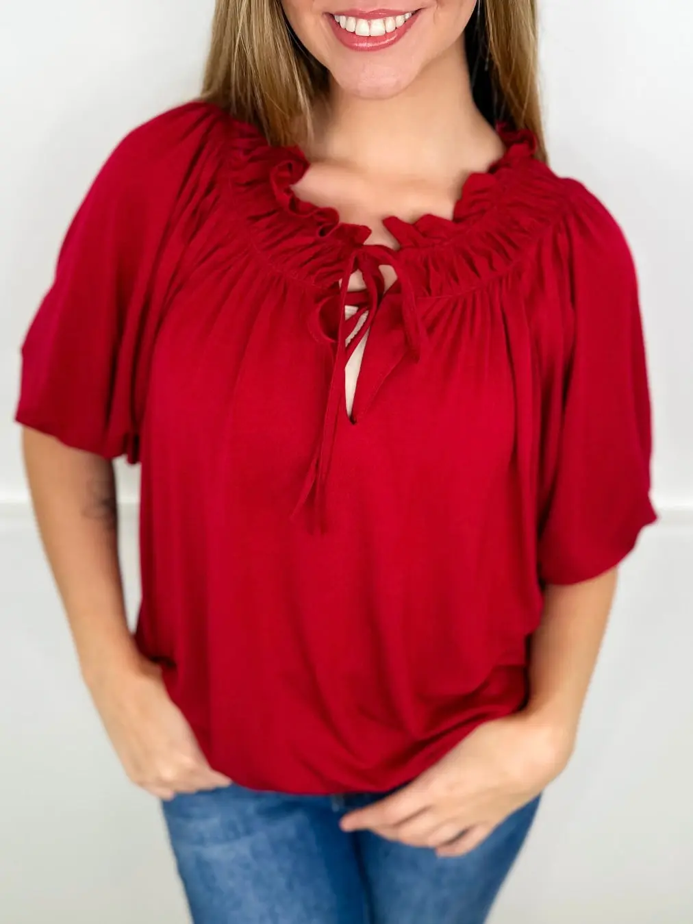 Women's Ruffle Neck Balloon Sleeve Knit Blouse - Spandex-Rayon Blend, Wrap Design, Relaxed Fit, Soft Stretchy Shirts for Everyday Wear (1XL)