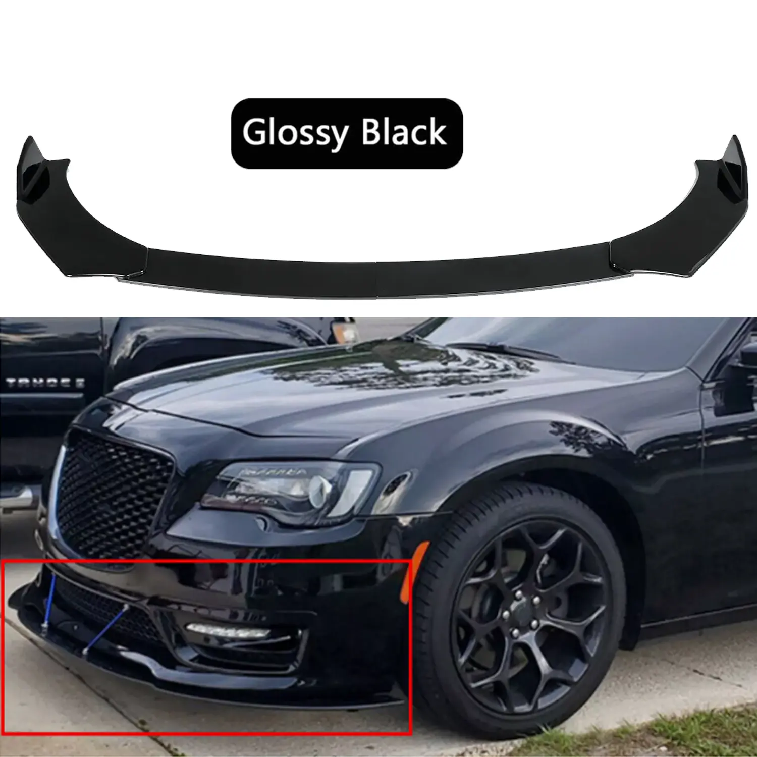 Glossy Black Car Front Bumper Lip Splitter Spoiler Chin - Set of 4 (1 Set Front Bumper Lip, 4pcs), Correct Connector, Sporty Look, Compatible with Chrysler 300 (2005-2020) Car Exterior Accessory, Front Lip