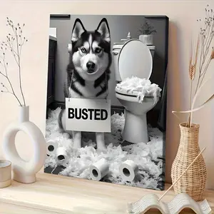 1-Pack Framed Canvas Wall Art - Funny Husky Dog "Caught", Elegant Wood Frame, Perfect for Bedroom, Living Room, Office or Cafe Decor, Holiday Theme Decorations, Cafe Decor Whimsical Wall Art Wood Framed Painting, Large Canvas Wall Art