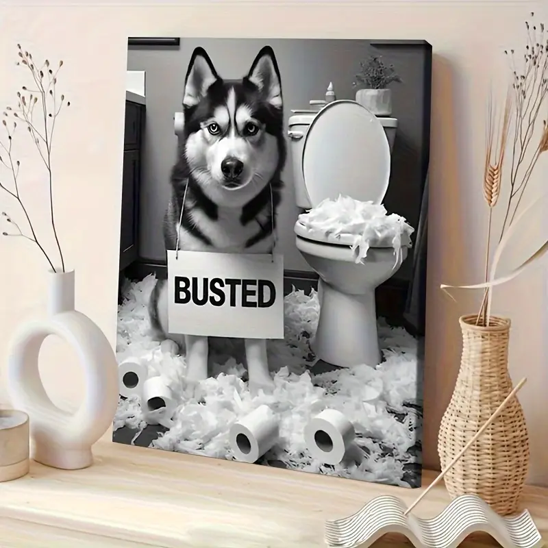 1-Pack Artistic Framed Canvas Wall Art Print - Playful Large Funny Husky "Caught" Painting, Elegant Wood Frame, Home Living Room, Office Decoration