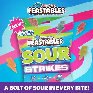 Feastables by MrBeast - Sour Strikes – Mixed Gummies, Sour Candies, with Watermelon, Green Apple, Strawberry & Raspberry Flavors, Sweets for Kids and Adults, Perfect Halloween Snack