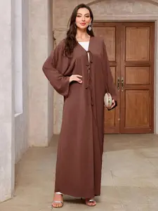Women's Solid Color Tie Front Abaya, Elegant Long Sleeve Muslim Dress for Daily Wear, Ladies Islamic Clothing for All Seasons, Modest Muslim Outfits