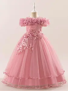 Girl's Cold Shoulder Faux Pearl Decor Bowknot Design Tiered Layer Quinceanera Dress, Elegant Floral Embroidering Short Sleeve Dress for Party Performance Wedding Guest, Kids Clothes for All Seasons