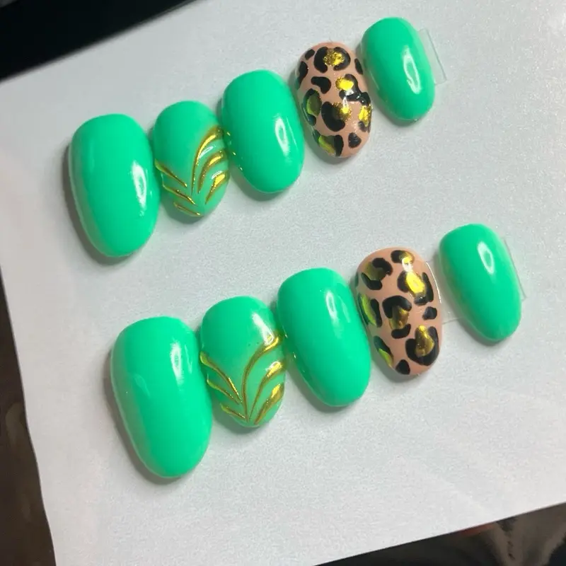 Mint Green Press On Nails With Leopard Print Accent Nail and Gold Chrome