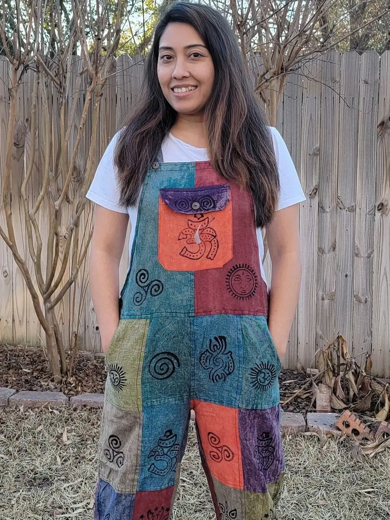 Fashionable Unisex Multicolor Stonewashed Handmade Hippie Patchwork Durable Non Acidic Hippie Cotton Jumpsuit Dungarees
