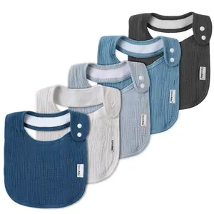 Baby Organic Cotton Unisex Muslin Bandana Bibs, 5-Pack with Contrast Binding & Snap Closure, Soft for Drooling, Teething + Muslin Burp Cloths