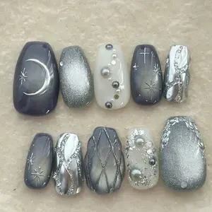 10 Pcs Handmade Blue Cat Eye Full Nail Tips, Silver Moon & Beads Decor, Fashionable and Elegant, Perfect for Parties and Daily Wear