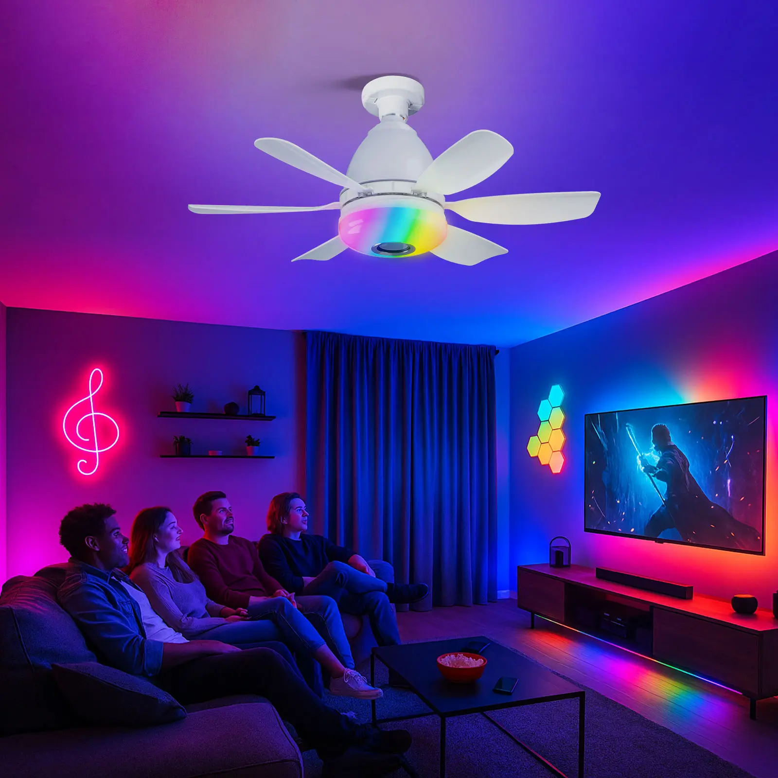 20in Socket Fan with RGB Light Bluetooth Speaker Screw in Ceiling Fan Quiet Wireless Ceiling Fans with Remote 3 Speeds Dimmable Light 6 ABS Blades for Bedroom Bathroom Kitchen Dorm Rental House Led Lighted Decorative Lighting