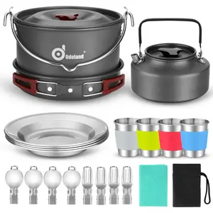 22PCs camping cookware mess kit, large size hanging pot pan kettle with Cook base set for 4, cups dishes forks spoons kit for outdoor camping hiking picnic