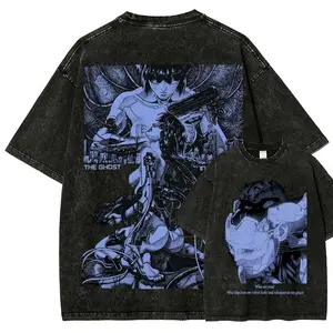 Menswear Ghost in the Shell Vintage Distressed Unisex Washed Round Neck Short-Sleeve T-Shirt 4, Men's Casual Fitted Everyday Tops, Festive Father's Day Gift