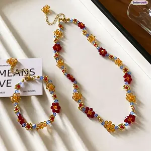 Colorful Beaded Necklace for Women Flower Choker Necklace Dainty Aesthetic Cute Dopamine Jewelry Adjustable Short Necklace Gift for Her