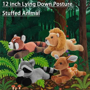 12-inch/30cm Lying animal plush toy Raccoon, Sika Deer, Fox, Lion, Red Panda, Giant Panda, Wolf, Leopard, Tiger, Giraffe, Zebra, Elephant. Soft and fluffy, perfect for children and gifts.(Large)