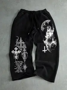 Men's Casual Sporty Long Pants, Angel & Cross Pattern Print, Drawstring Wide Leg, Loose-Fitting, All Seasons Wear, Men's Fashion, Casual Sports Pants