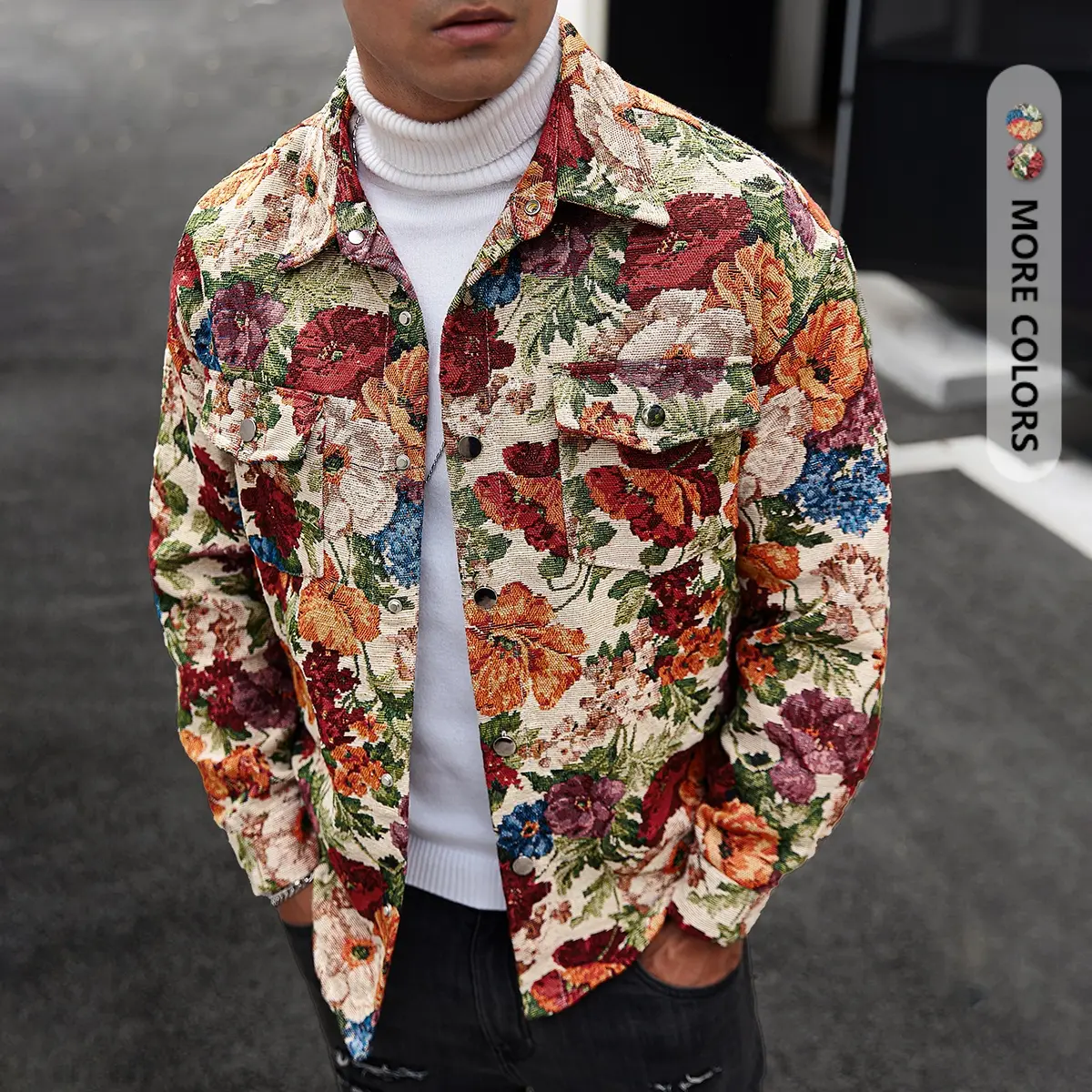 Men's Vintage Geometric Floral Jacquard Work Shirt Jacket - Menswear Coats, Double-Button Front, Shirt Collar, 2 Pockets, Machine Washable, Versatile Lightweight Outerwear