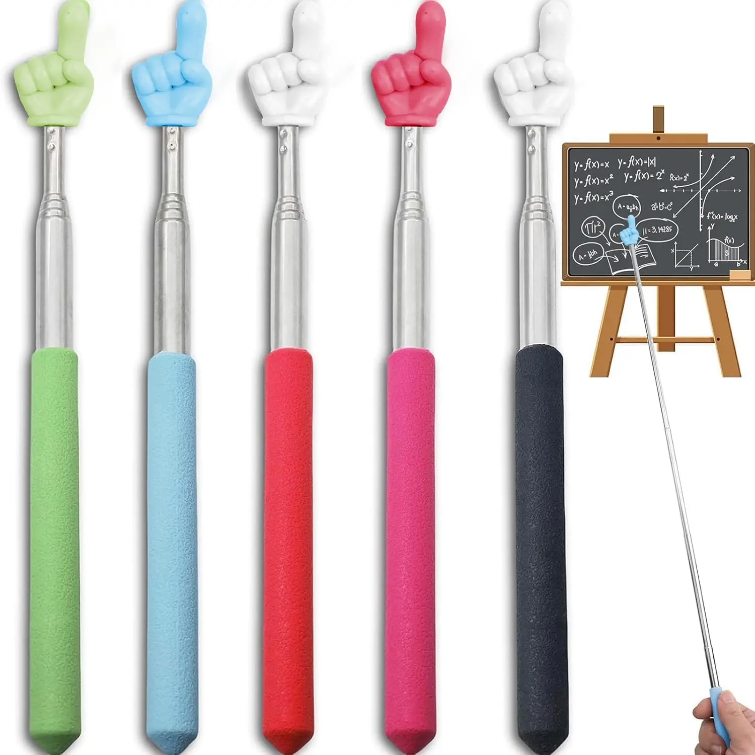 5pc Stainless Steel Telescopic Finger Pointer Stick (21 cm-67 cm Extended) - Adjustable Height Synthetic Office Presentation Supply for Teachers, Conferences, Blackboard Use, Elementary School Essential