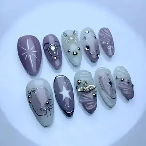 3D Starry Diamond Sweet Bow Pearl Nail Tips, Removable Almond Shape 30pcs Nail Art for Elegant European Style