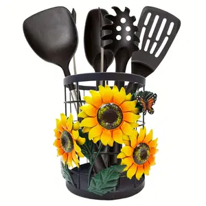 Cast Iron Sunflower Utensil Holder - Rustic Farmhouse Kitchen Decor with Butterfly Accents, Polished Metal Utensil Organizer for Countertop, 6x7 Inch Durable Kitchen Storage & Housewarming Gift